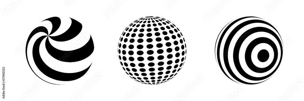 Set of striped spheres. Balls whith black and white lines. Vector optical illusion. Set of striped spheres. Balls whith black and white lines. Vector optical illusion.