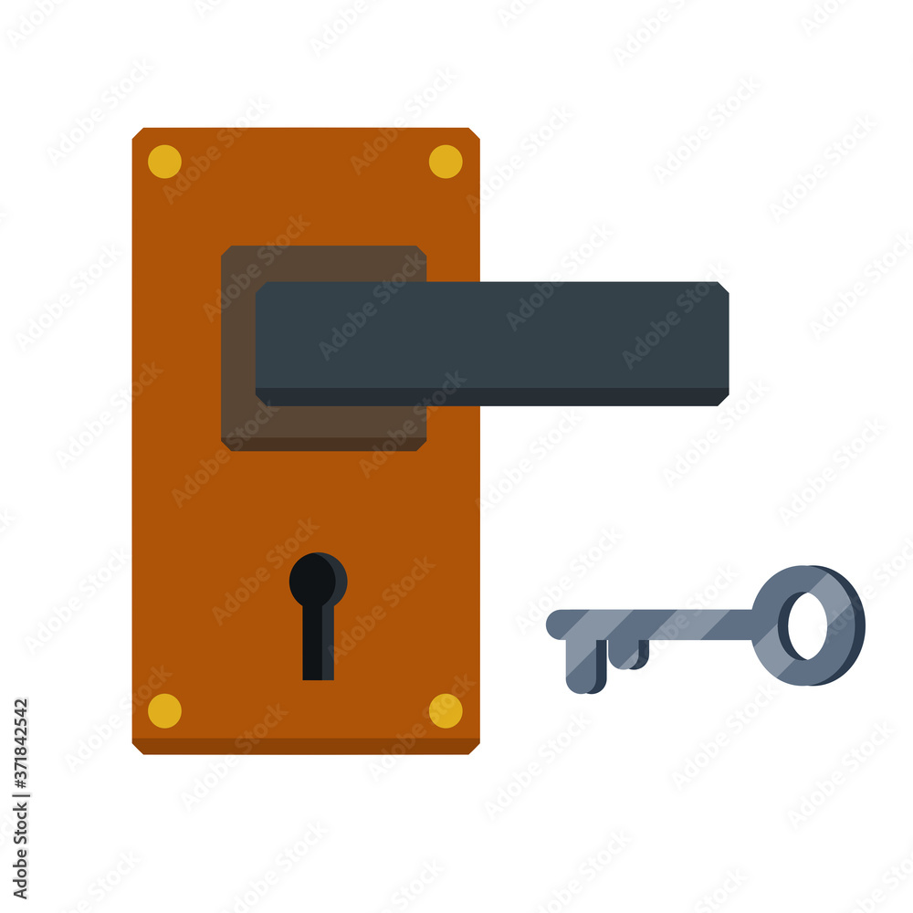 Door handle. Lock and keyhole with a key. Opening and closing doorknob. The doorway and entrance element Door handle. Lock and keyhole with a key. Opening and closing doorknob. The doorway and entrance element