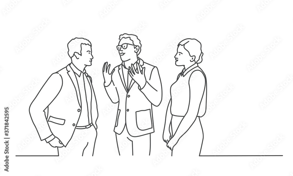Business people are discussing work. Line drawing vector illustration.