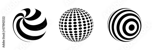 Set of striped spheres. Balls whith black and white lines. Vector optical illusion.