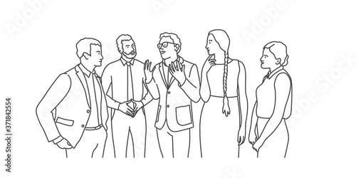 Business people meeting. Line drawing vector illustration.