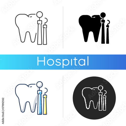 Dentistry icon. Dental medicine and health. Endodontics and orthodontics. Stomatology. Teeth treatment. Oral medicine. Linear black and RGB color styles. Isolated vector illustrations