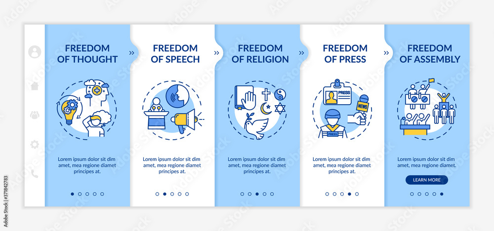 Basic human freedoms onboarding vector template. Freedom of press. Fundamental human rights. Responsive mobile website with icons. Webpage walkthrough step screens. RGB color concept
