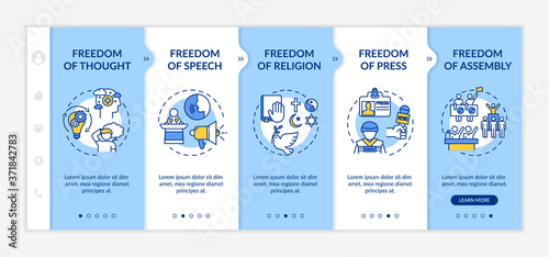 Basic human freedoms onboarding vector template. Freedom of press. Fundamental human rights. Responsive mobile website with icons. Webpage walkthrough step screens. RGB color concept
