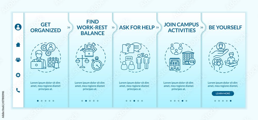 Student life onboarding vector template. Find work rest balance. Ask for help. Join campus activity. Responsive mobile website with icons. Webpage walkthrough step screens. RGB color concept