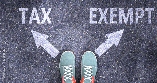 Tax and exempt as different choices in life - pictured as words Tax, exempt on a road to symbolize making decision and picking either Tax or exempt as an option, 3d illustration