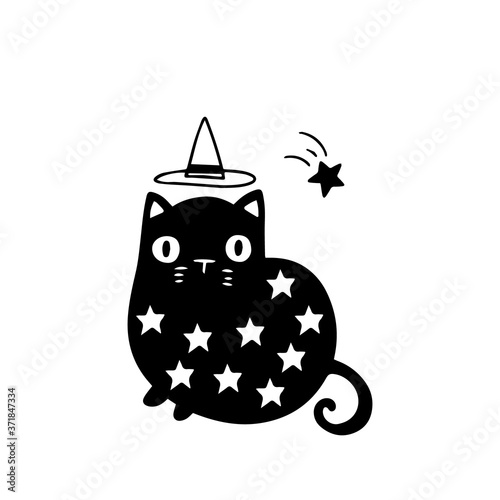 Halloween decorative illustration astrologer witch cat with stars on white background. Drawn by hand doodle vector of black magical cat reading stars. Postcard halloween decorations.