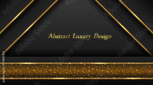 Gold on black luxury background. Golden glowing lines and shiny luminous sparkles with glitter effect. Modern geometric design, abstract backdrop template for poster or banner. Vector illustration