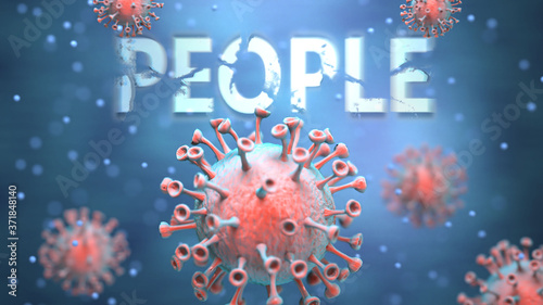 Covid and people, pictured as red viruses attacking word people to symbolize turmoil, global world problems and the relation between corona virus and people, 3d illustration