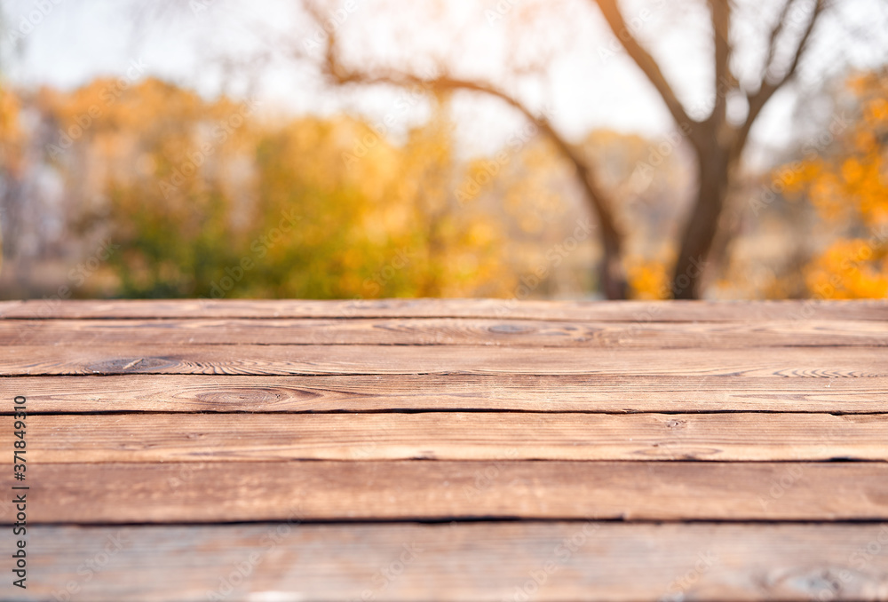 Empty wooden table nature bokeh background with a country outdoor theme,Template mock up for display of product