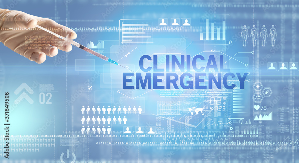 Close-up view of doctor's hand in a white glove holding syringe with CLINICAL EMERGENCY inscription, healthcare and medical concept Close-up view of doctor's hand in a white glove holding syringe with CLINICAL EMERGENCY inscription, healthcare and medical concept