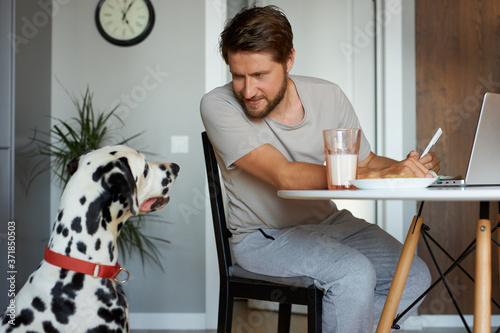 bearded caucasian male sit working on laptop at home while his pet dalmatian dog always next to him, support, friendship between people and animals