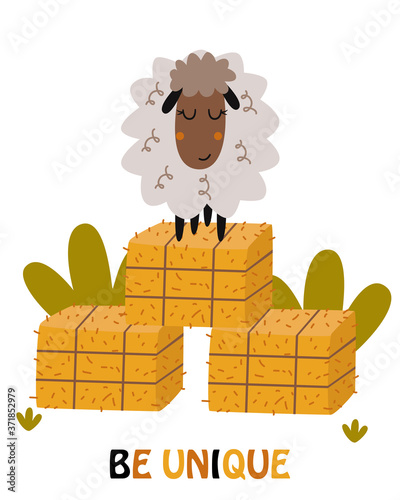 poster with lamb standing on a haystack - vector illustration, eps