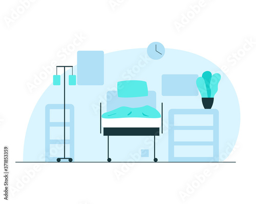Hospital ward interior. Vector concept illustration of an empty hospital ward interior with bed, lockers, dropper and plant in a flowerpot. Concept of hospital rooms atmosphere and equipment