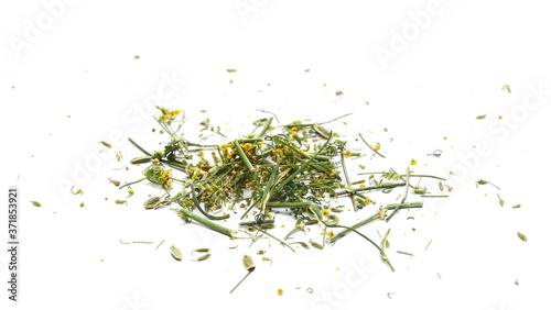 Fresh green dill with yellow flowers pile isolated on white background