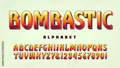 Bombastic; A Geometric Alphabet with Some Straight Line and Some Curved Letters, for an Unusual Look. Tall Condensed 3d Sans Serif Font with a Palette of Warm Colors.