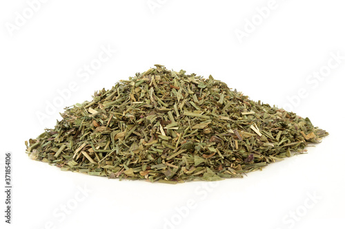Shepherds purse leaf herb used in herbal medicine to treat vomiting blood, blood in the urine, premenstrual problems  menstrual cramps, long periods on white background. Capsella bursa pastoris.