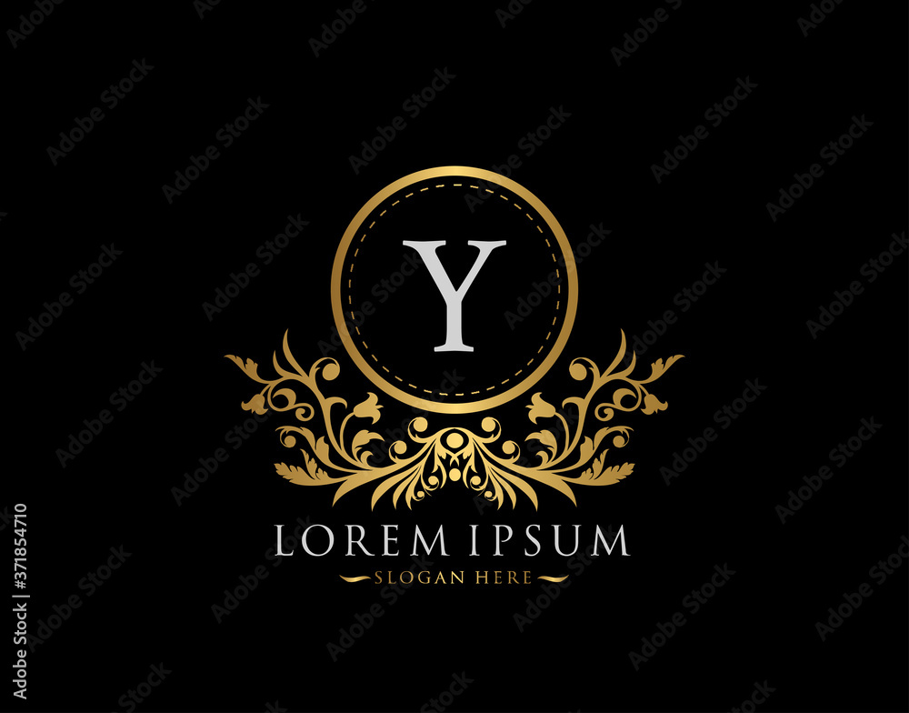 Luxury Boutique Logo. Letter Y with gold calligraphic emblem and classic floral ornament. Classy Frame design Vector illustration.