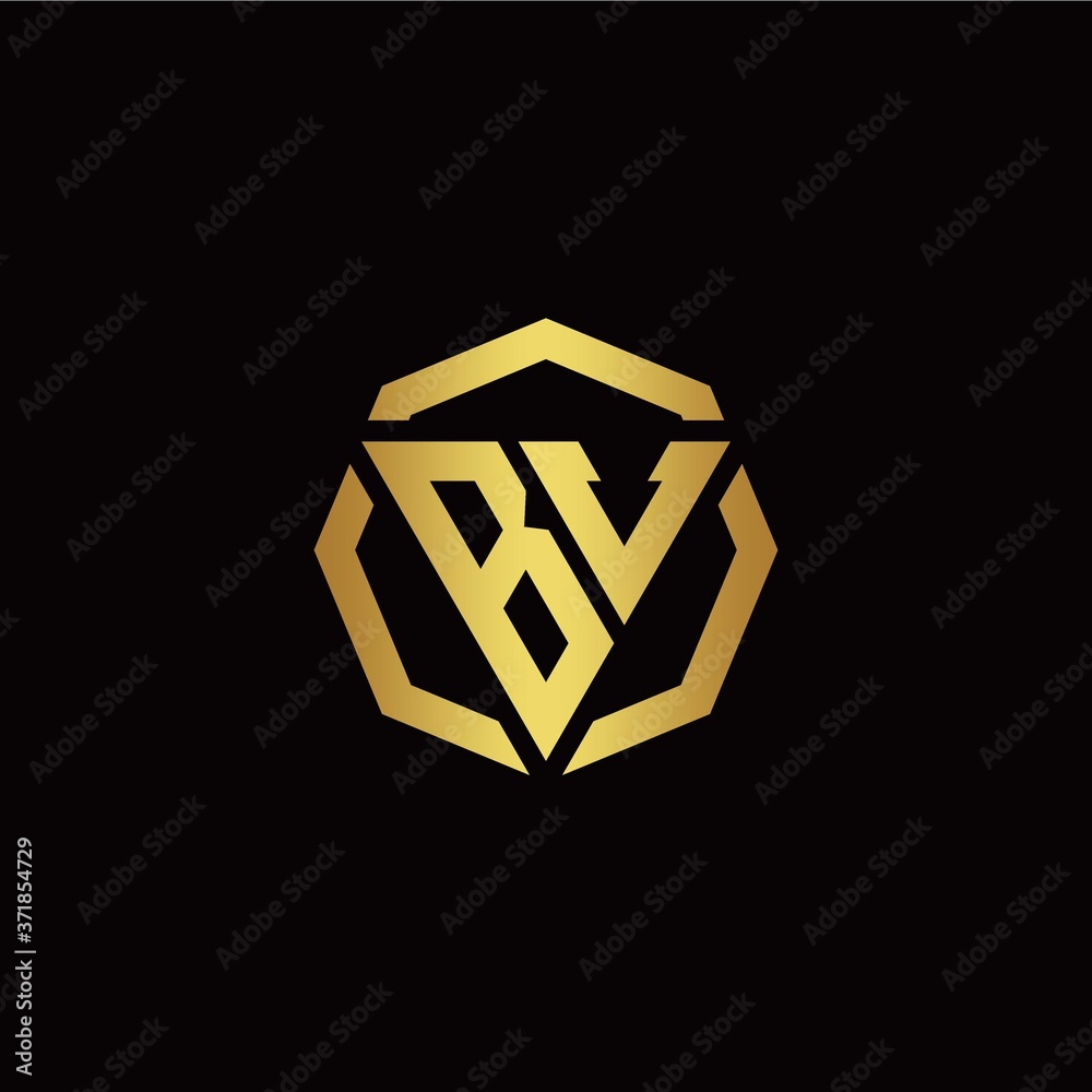 B V initial logo modern triangle and polygon design template with gold color