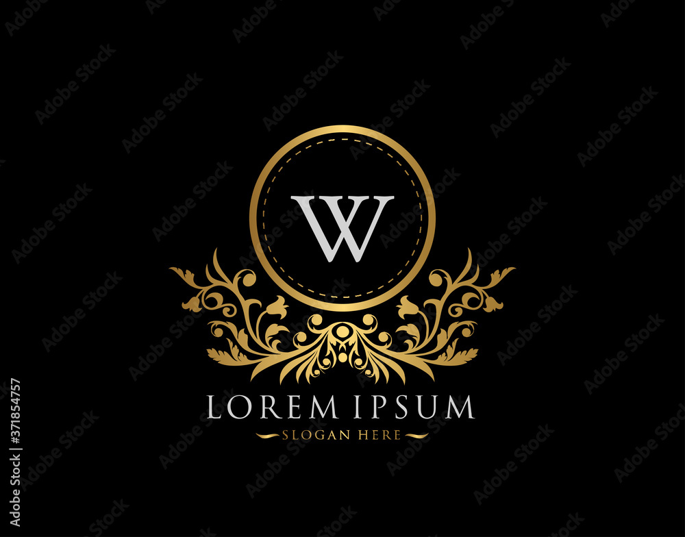 Fototapeta premium Luxury Boutique Logo. Letter W with gold calligraphic emblem and classic floral ornament. Classy Frame design Vector illustration.