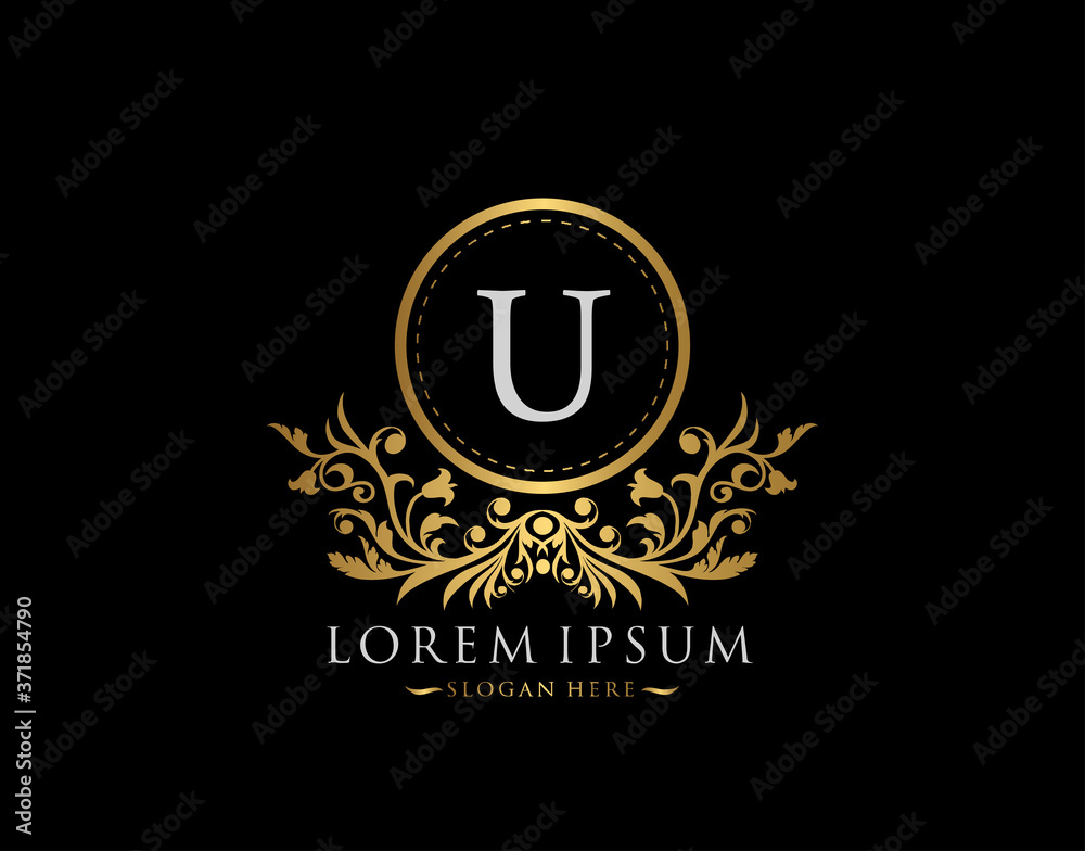 Luxury Boutique Logo. Letter U with gold calligraphic emblem and classic floral ornament. Classy Frame design Vector illustration. Luxury Boutique Logo. Letter U with gold calligraphic emblem and classic floral ornament. Classy Frame design Vector illustration.