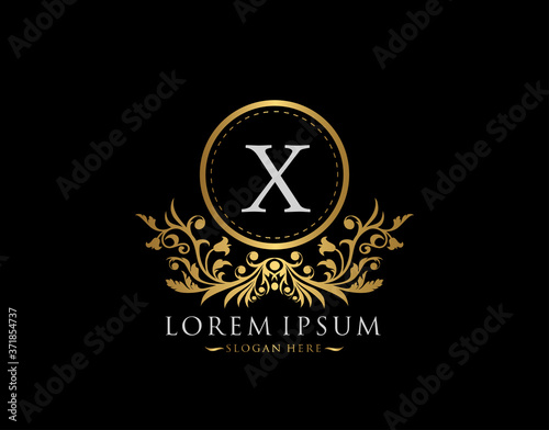 Luxury Boutique Logo. Letter X with gold calligraphic emblem and classic floral ornament. Classy Frame design Vector illustration.