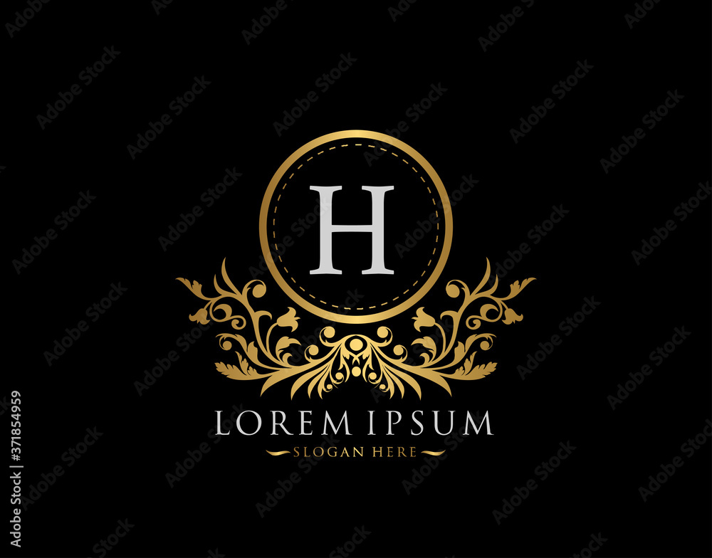 Luxury Boutique Logo. Letter H with gold calligraphic emblem and classic floral ornament. Classy Frame design Vector illustration.