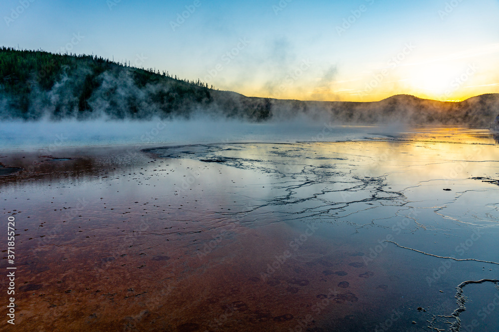 Sunset over Grand Prismatic Spring Yellowstone National Park