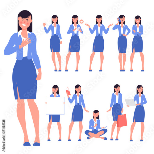 Set of flat design young woman characters. Various poses and gestures and everyday activities. Shopping, chatting, phonning, working and showing different emotions.