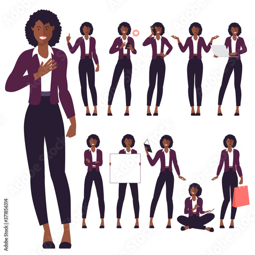 Set of flat design young black afro american woman characters, various poses and gestures and everyday activities. Learning, chatting, phonning, working.
