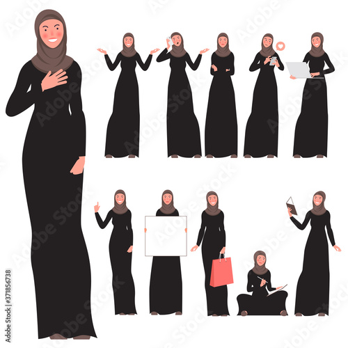 Set of flat design young muslim woman characters, various poses and gestures and everyday activities. Learning, chatting, phonning, working. photo