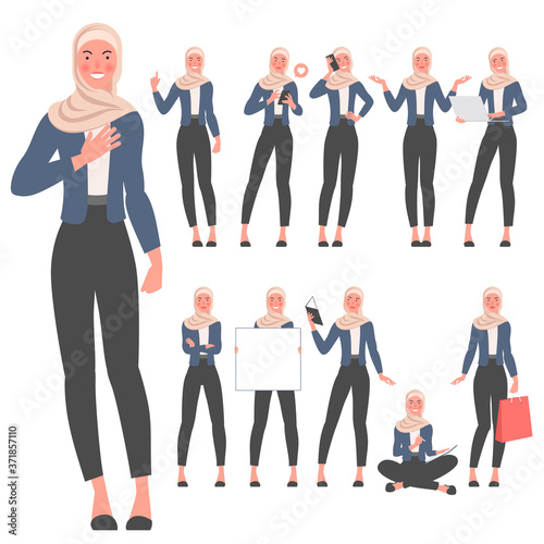 Set of flat design young muslim woman wearing modern trendy clothes. Various poses, gestures and everyday activities. Learning, chatting, phonning, working.