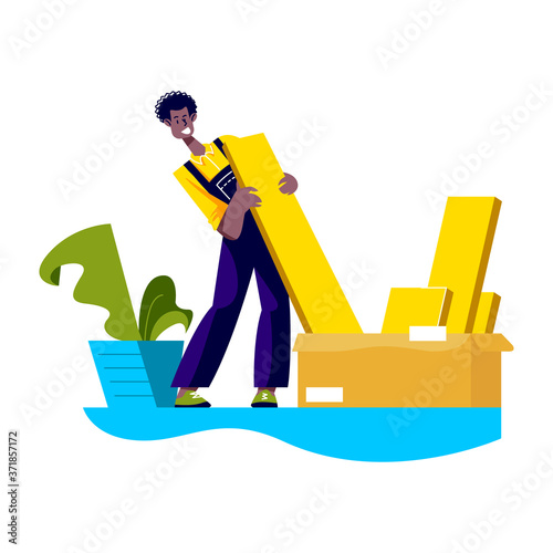 Worker upload furniture for furniture assembly service. Handyman help with delivery and installation