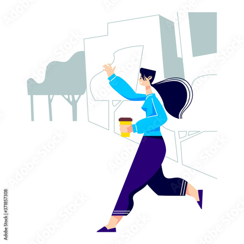 Woman drink coffee while going to work. Young female with take away coffee cup busy hurry