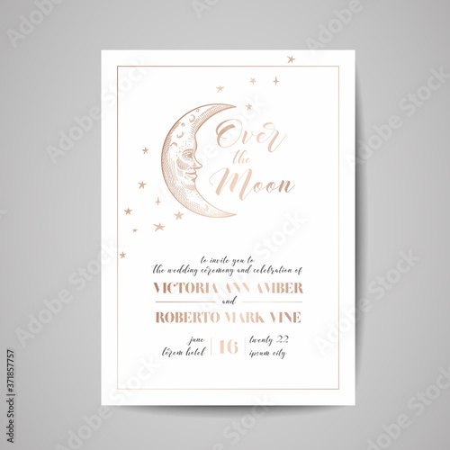 Save the Date Luxury Card, Wedding Celestial Invitation with Moon and Starry sky with Gold Foil Frame