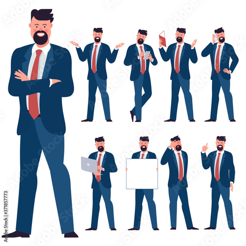 Set of flat design young businessman characters. Various poses, gestures and everyday activities. Working, chatting, phonning, working and showing different emotions.