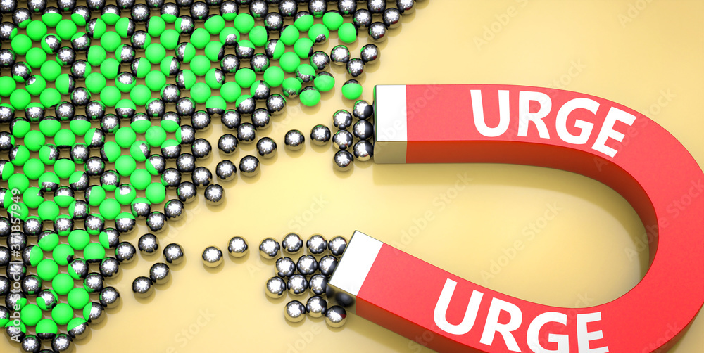 Urge attracts success - pictured as word Urge on a magnet to symbolize that Urge can cause or contribute to achieving success in work and life, 3d illustration Urge attracts success - pictured as word Urge on a magnet to symbolize that Urge can cause or contribute to achieving success in work and life, 3d illustration