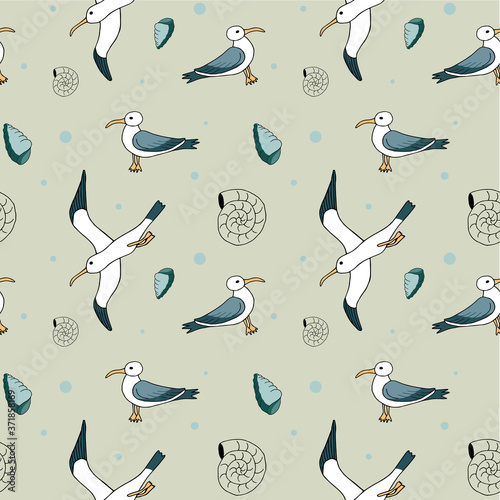 Abstract sea background, beach theme fashion seamless pattern, monochrome exotic vector wallpaper, vintage fabric, gray wrapping with seagull and wave ornaments - summer, maritime theme for design