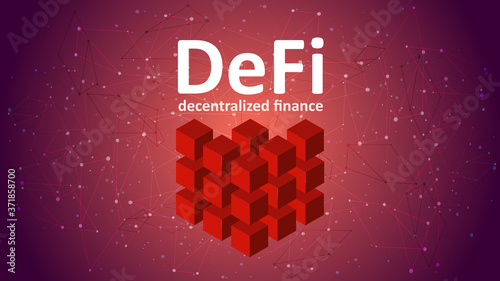 Defi - decentralized finance on a red abstract polygonal background. Red cube made up of many small ones. Financial applications and services on the public blockchain. Vector EPS10.
