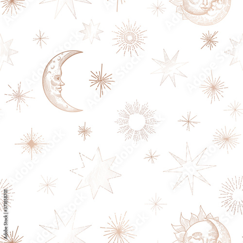 Starry Night Sky Trendy Seamless Pattern, Vintage Celestial Hand drawn Background Template of Galaxy, Space, Moon