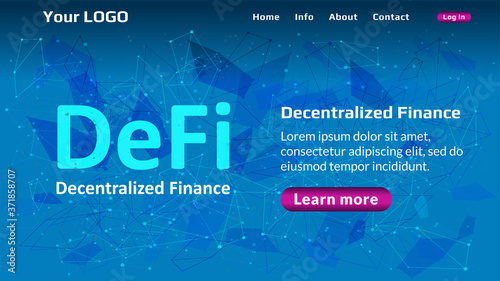 Defi - decentralized finance website template on blue abstract polygonal background. Website header layout with hot offer. Ecosystem of financial applications and services. Vector EPS10.