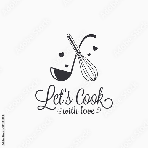 Cook with love lettering. Ladle with whisk logo
