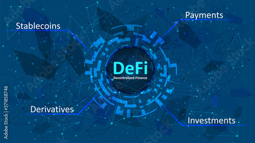 Defi - decentralized finance in a digital circle on dark blue abstract polygonal background. An ecosystem of financial applications and services based on public blockchains. Vector EPS 10.