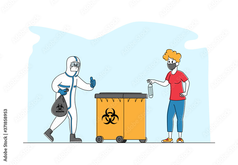 Female Character Throw Covid Waste to Litter Bin with Bio Hazard Symbol. Woman Put Used Medical Mask in Container Female Character Throw Covid Waste to Litter Bin with Bio Hazard Symbol. Woman Put Used Medical Mask in Container
