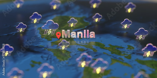 Manila city and stormy weather icon on the map, weather forecast related 3D rendering