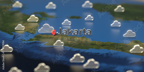 Jakarta city and cloudy weather icon on the map, weather forecast related 3D rendering