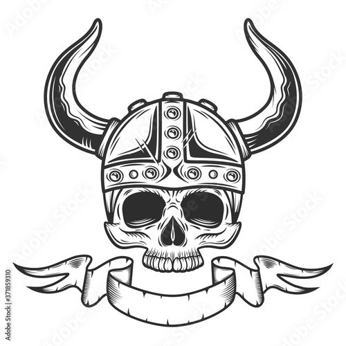 Vintage viking skull without jaw with horned helmet and ribbon monochrome isolated vector illustration