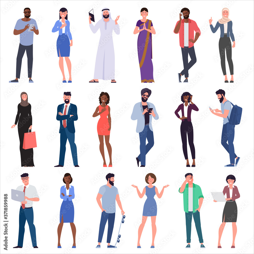 Flat design vector set of multicultural, black, caucasian, arab, muslim and indian people characters are acting and communicaing. Trendy modern style vector illustration in flat cartoon style.