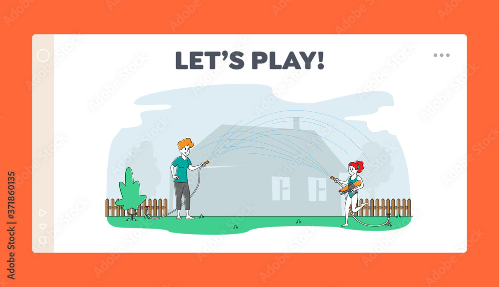 Naklejka premium Family Joy Landing Page Template. Happy Mother and Daughter Spraying from Water Hose in Hot Summer Time Season Weather