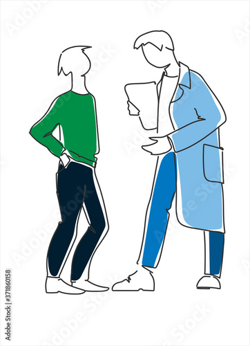 Consultation concept. Conversation between doctor and patient. Dialogue between medical professor and student. Single line vector illustration